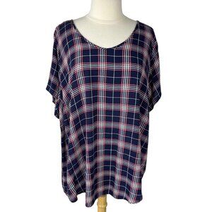 Torrid Shirt Blouse 3X Blue Pink Plaid Short Sleeves Summer